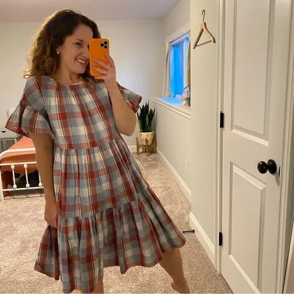 NWT Ulla Johnson Red Blue Plaid Mini Dress 2 - Picture 5 of 13